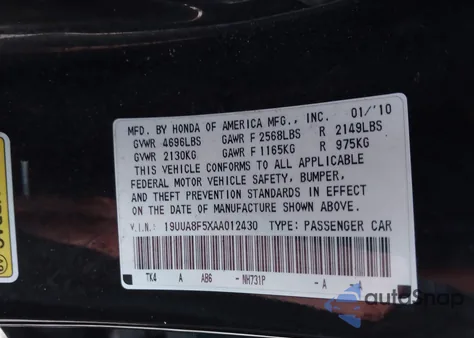 2010 Acura Tl 3.5 из США, поврежденный, VIN 19UUA8F5XAA012430